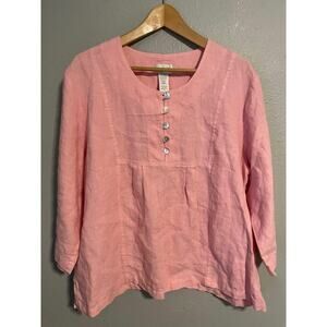Vintage Mosaic Top Womens XL Pink Linen Button Pullover 3/4 Sleeve Lagenlook 90s